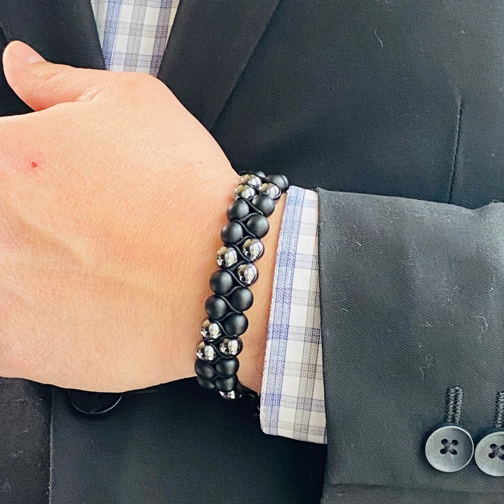 Mens Bracelet Black Matte Onyx Hematite Bracelet Two Rows Beaded Adjustable Cord